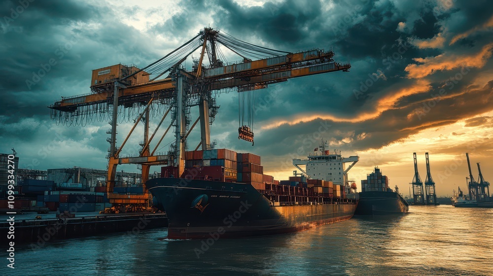 Fototapeta premium Mobile Harbor Crane in Action: Barge Loading Under Dramatic Storm Clouds. Elevated Side Angle Capturing Precision and Moody Industrial Atmosphere. Professional Photography.