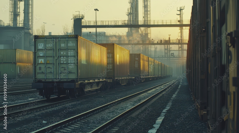 Obraz premium Container Train in Motion: Early Morning Light Highlights Double-Stacked Cargo, Urban Industrial Setting with Factories. Ultra HD Commercial Photography.