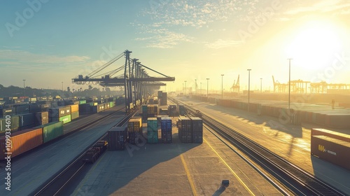Intermodal Rail Terminal Operations: Wide-Angle Capture of Crane Transfers Under Midday Sunlight, Showcasing Scale and Efficiency in Industrial Setting.