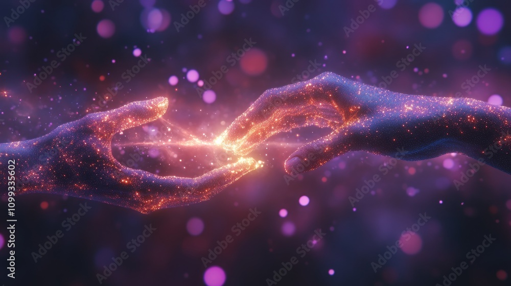 Fototapeta premium Two glowing hands reaching, connecting, energy sparks.