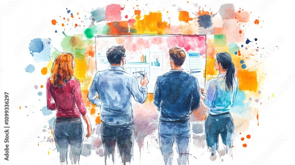 Naklejka premium A Watercolor Depiction of a Business Meeting: Teamwork, Collaboration, and Strategic Planning in the Office