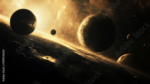 A surreal depiction of an exoplanetary system with orbiting planets and a distant star, amidst cosmic dust clouds, Exoplanetary style photo