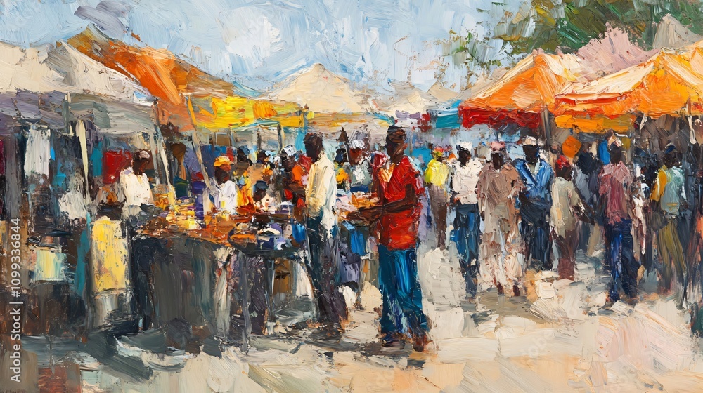 Fototapeta premium A bustling open-air market scene, alive with people engaging in commerce under colorful awnings, capturing the energy of daily life in an African community.