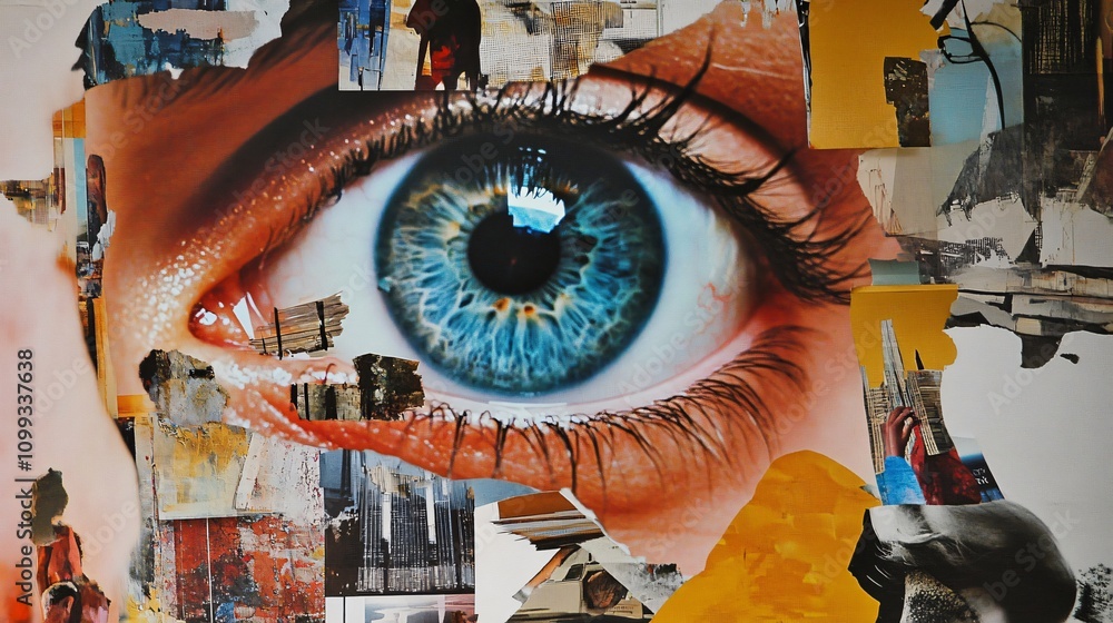 Fototapeta premium A captivating collage of an eye reflecting the cityscape