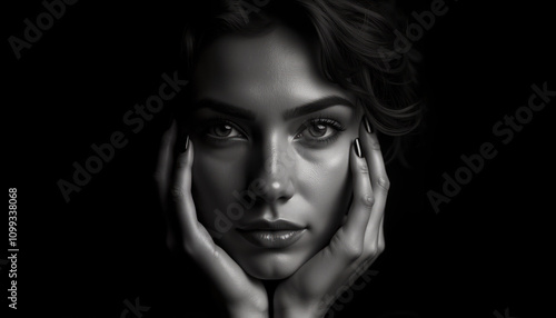 Black and White Portrait of a Woman with Hands Framing Her Face, Dramatic Lighting and Intense Gaze in Low-Key Photography