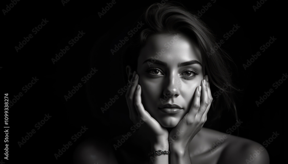 Obraz premium Black and White Portrait of a Woman with Hands Framing Her Face, Dramatic Lighting and Intense Gaze in Low-Key Photography