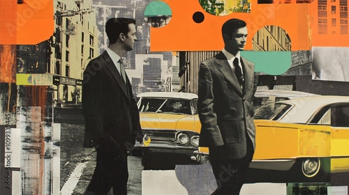 Urban Vintage Collage of two business men in suits in front of a yellow cabs in New York