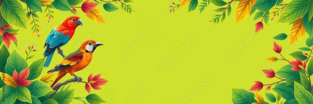Fototapeta premium Lush green leaves and colorful birds creating a vibrant nature frame, perfect for eco-friendly designs and nature-themed projects, project, greeting card