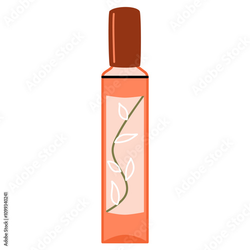 Beauty cosmetic product in long rose coloured bottle with floral design. 