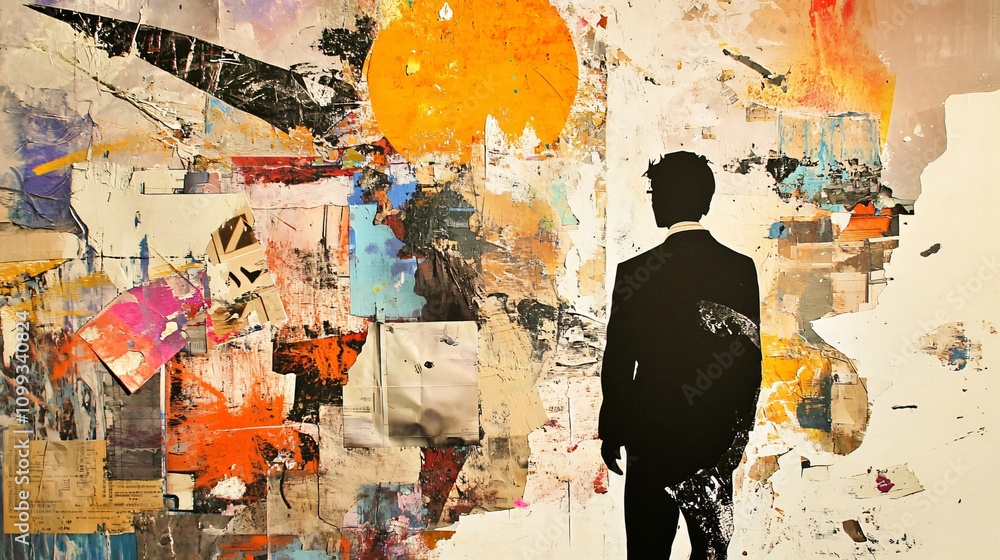 Fototapeta premium Silhouette of Man in Suit Against Abstract Collage Background - Mixed Media Urban Art Exploring Modern Themes of Identity and Place