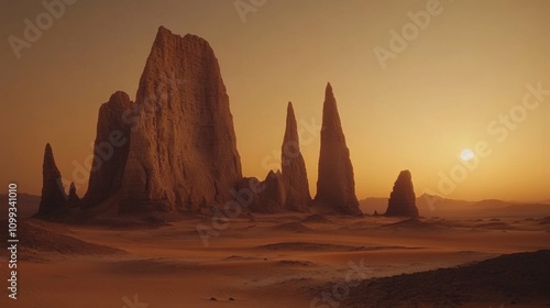 Martian-like desert landscape with towering rock spires, soft orange glow from setting sun, alien world, surreal and mystical, desolate and vast terrain