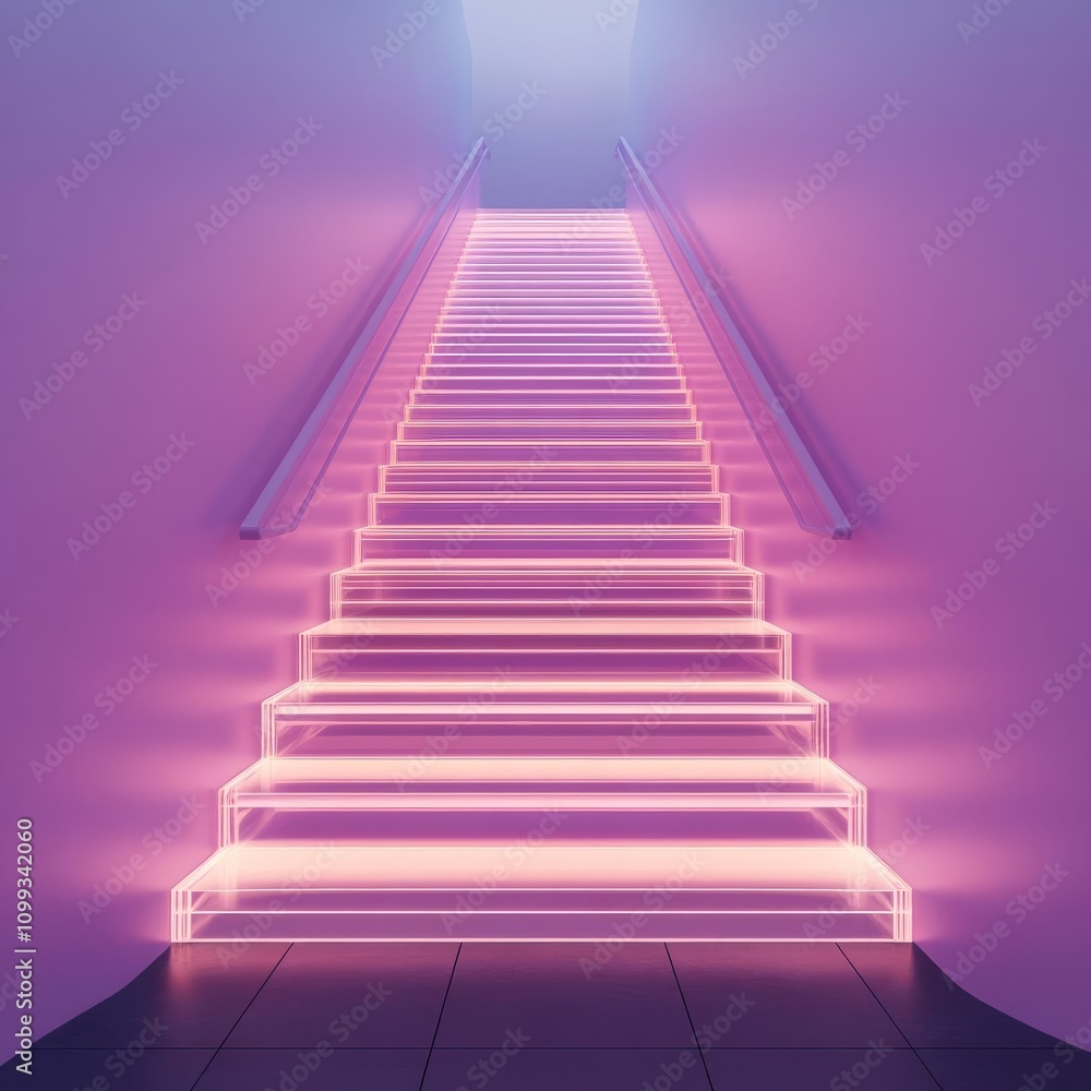 Obraz premium A glowing staircase leading to infinite levels of translucent virtual bookshelves, staircase library, endless wonder