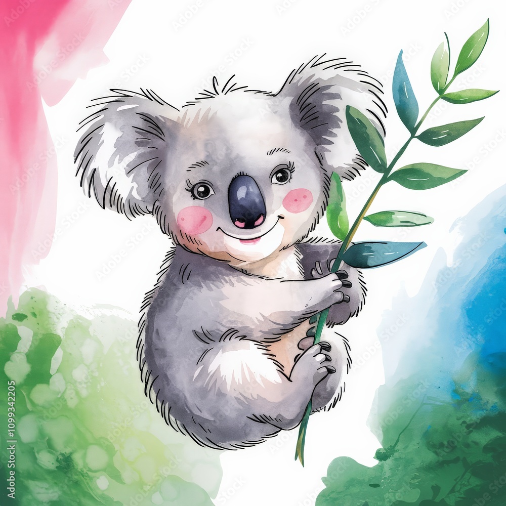 Watercolor illustration of a smiling koala holding a branch