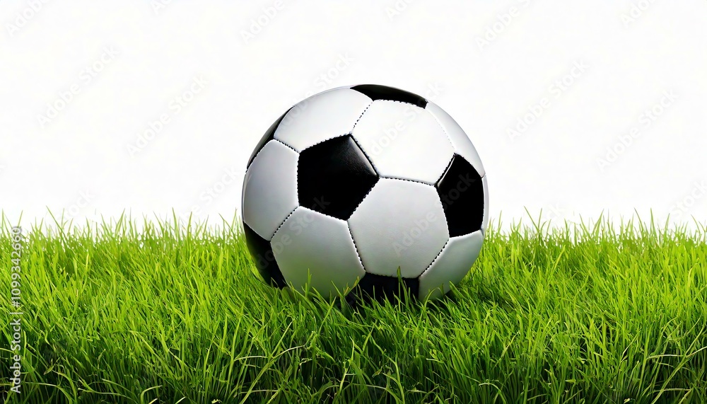 Fototapeta premium A classic black and white soccer ball resting on vibrant green grass.