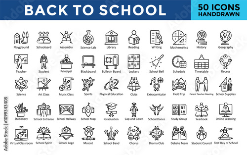Back to School icon set with playground, schoolyard, assembly, science lab, library, reading, writing, mathematics, history, geography, education icon. Simple handdrawn vector 
