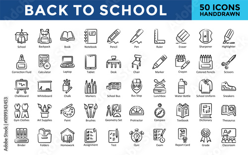 Back to School icon set with school, backpack, book, notebook, pencil, pen, ruler, eraser, sharpener, highlighter icon. Simple handdrawn vector 
