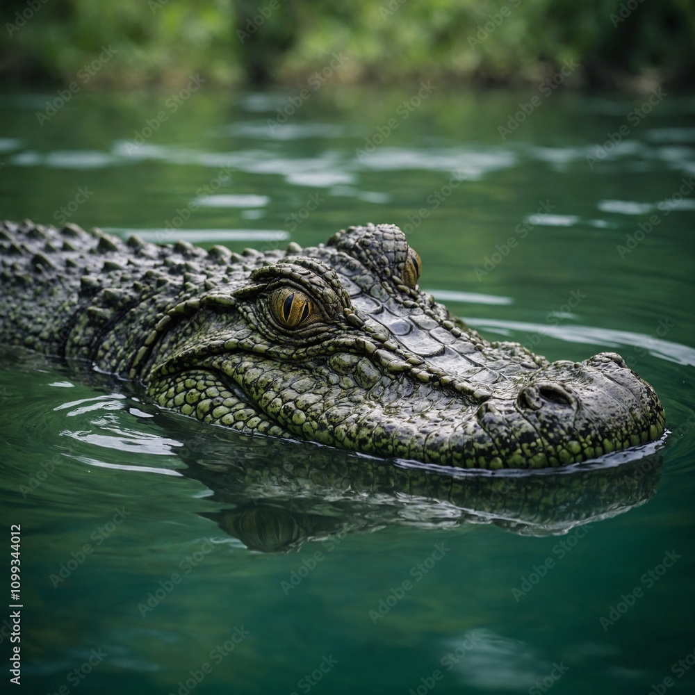 Fototapeta premium A caiman slowly swimming in a green river.