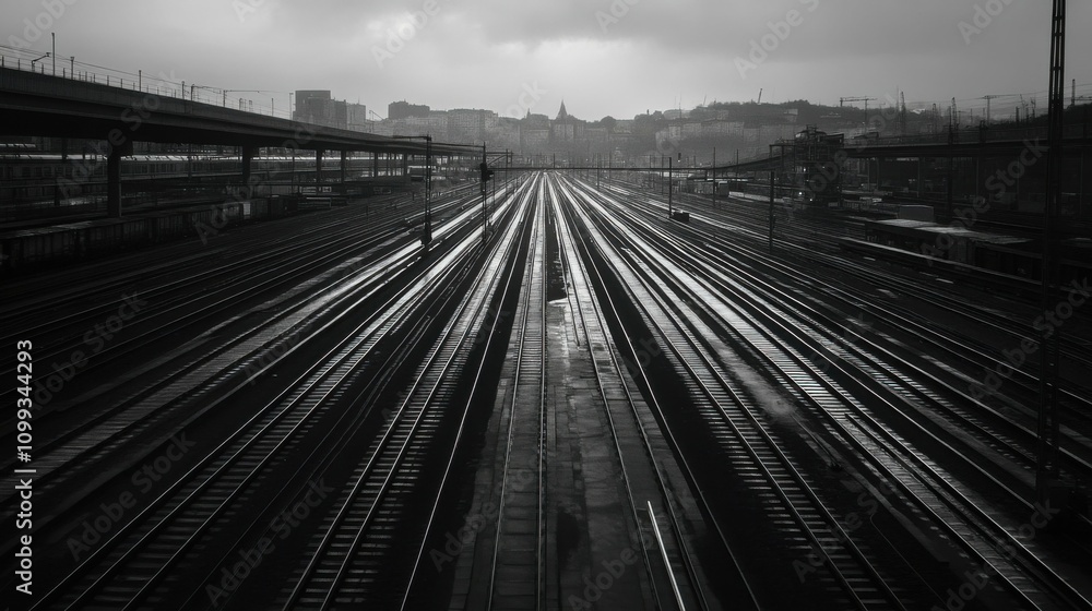 Fototapeta premium Rows of newly laid railway tracks awaiting trains; showcasing efficient planning and transportation advancements.
