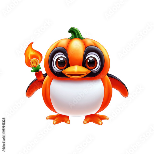 Adorable Pumpkin Penguin Holding a Lit Torch for Halloween photo