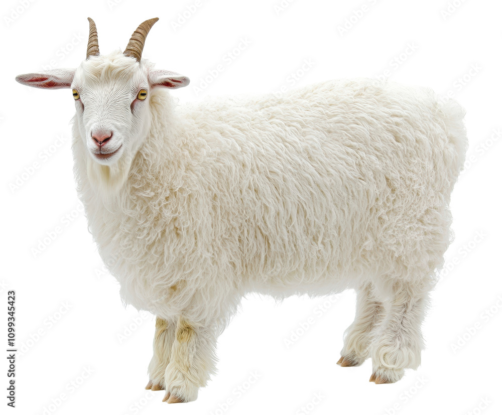 Fototapeta premium A full view of a fluffy white goat, isolated on a black background, showcases its thick, soft coat and horns.