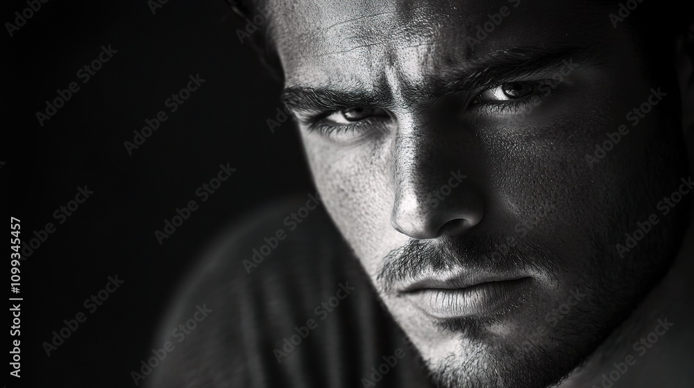 Fototapeta premium Contemplative Man in Black and White Portrait with Intense Expression