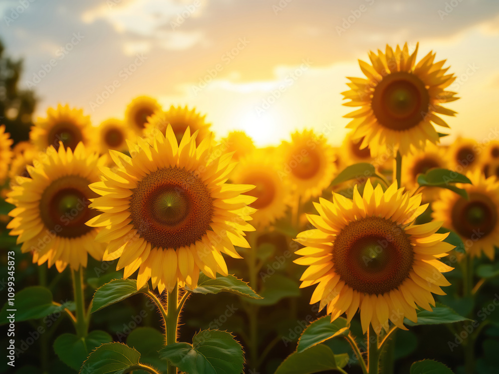 Fototapeta premium Sunflowers blooming in field at sunset creating scenic landscape