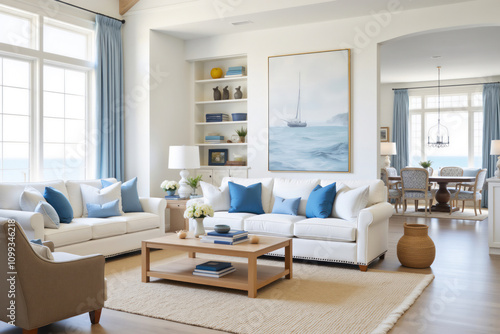 Elegant living room overlooking ocean with nautical painting displayed photo