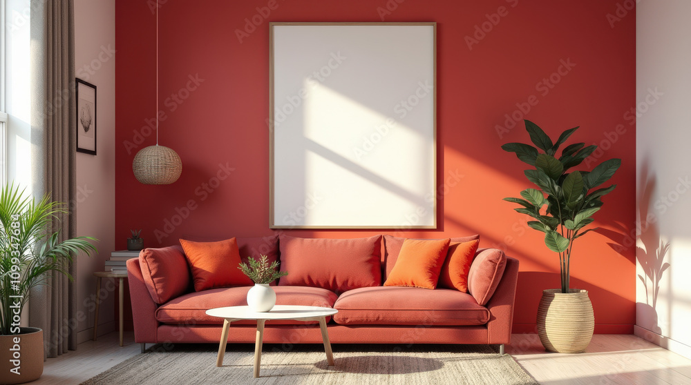 Fototapeta premium Modern Living Room Decor with Blank Art Mockup Frame for Interior Design Inspiration - Bright and Vibrant Home Space