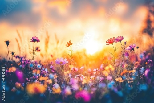 Serene Countryside: Vibrant Meadow of Wildflowers at Sunset with Soft Sun Flare and Dreamy Bokeh Effects