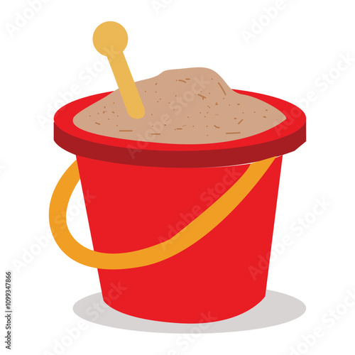 Red sand bucket with yellow shovel in beach. 
