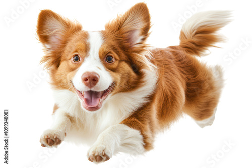 Happy dog leaping in mid-air isolated. PNG transparent. photo