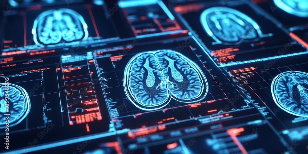 Obraz premium Close-up computer screen multiple MRI images human brain Neuroscience Study: scans