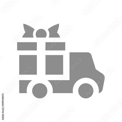 Delivery truck with gift box and a ribbon. Free shipping vector icon.