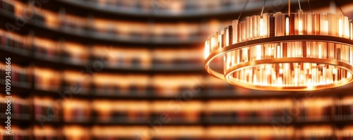 Bookshelves glowing gently in a virtual dome library styled like a radiant chandelier, chandelier dome library, elegant illumination photo