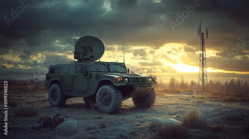 Military vehicle satellite dish top parked barren landscape Electronic Warfare: Tactics