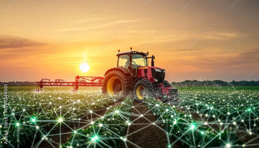 Fototapeta premium Tractor middle field sunset is red black color Agricultural Technology Trends: Graph