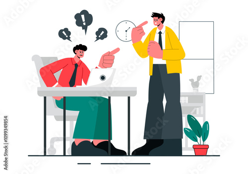 Workplace Conflict Illustration featuring Arguing Coworkers Having a Dispute in the Office While Discussing Business Issues and Teamwork Problems