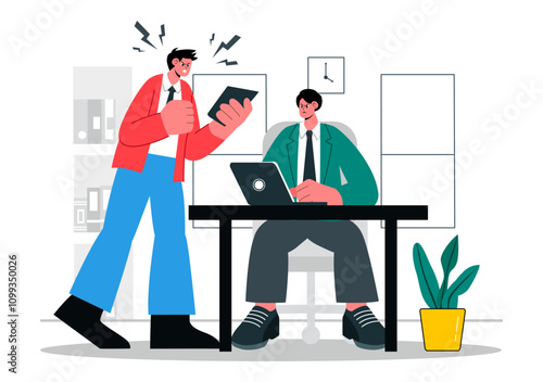 Workplace Conflict Illustration featuring Arguing Coworkers Having a Dispute in the Office While Discussing Business Issues and Teamwork Problems