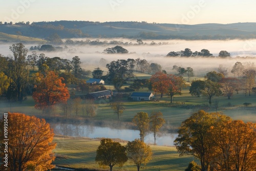 Misty Dawn Over Riverside Parks and Farms in Singleton: Enchanted Autumn Landscape