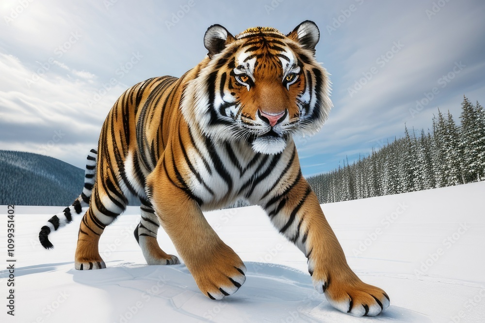 Obraz premium A majestic Siberian tiger prowls through a winter wonderland