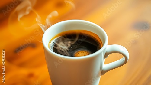 Aromatic steam rises from a freshly brewed cup of dark coffee, resting on a warm wooden surface. photo