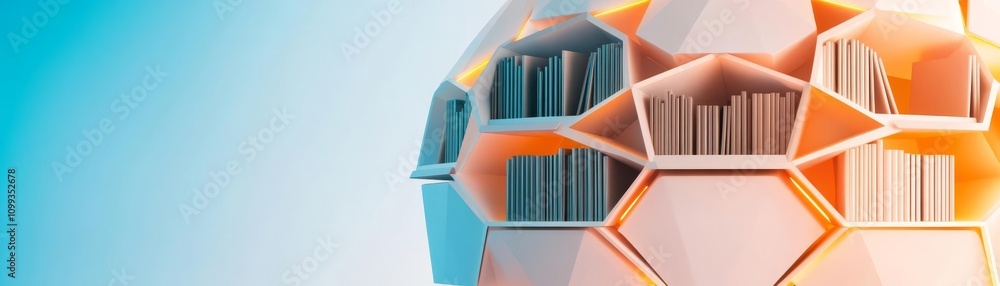 Obraz premium Floating geometric bookshelves in a futuristic dome, glowing gently, geometric dome library, modern style