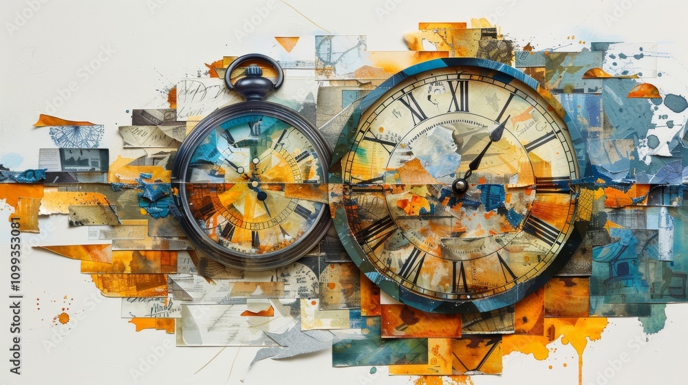 Obraz premium Intricate Paper Art Collage Illustrating the Concept of Time with Vintage Clocks and Abstract Elements
