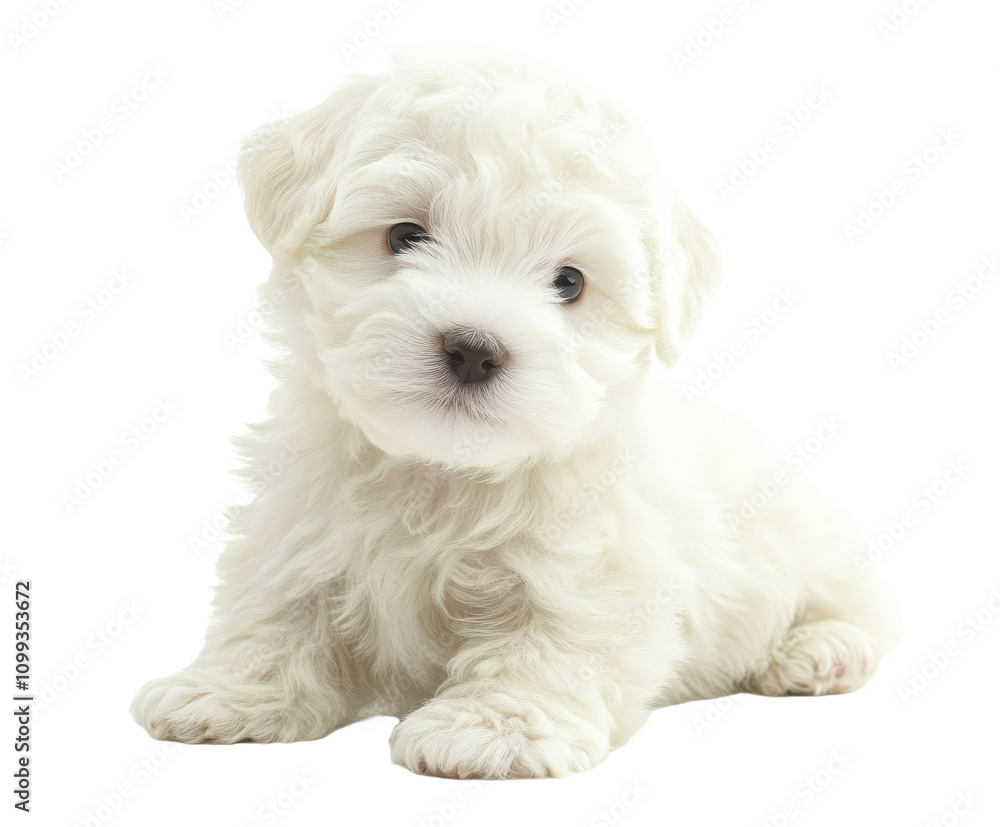 Obraz premium An image of a small, fluffy white puppy sitting down against a black background.