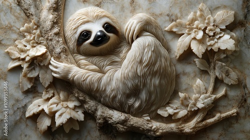 Intricate Sloth Carving Among Delicate Floral Relief