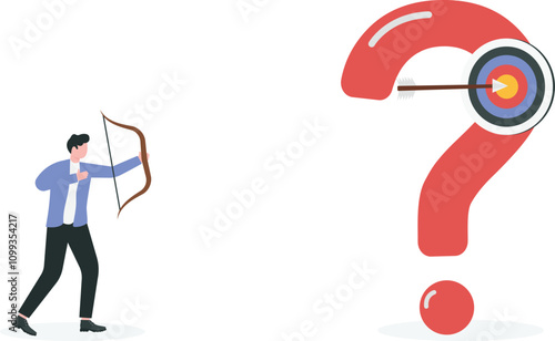 Ask good question, communicate to solve problem, smart question to get best answer, knowledge or learning concept, curios businessman asking good question with target for other to shoot answer.

