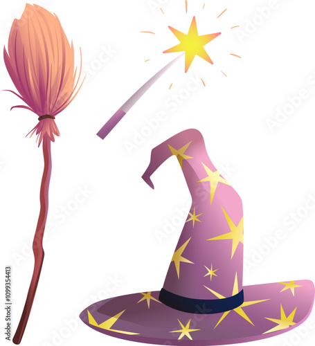 Fairytale magician objects isolated on white. Wizard hat, witch broom and shiny magic wand clipart cartoon for children. Colorful fairy tale vector objects, illustration for kids.
