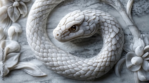 Intricate Marble Carving Of A Serpent Among Flowers