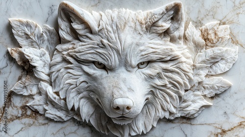 Intricate Marble Carving Of A Wolves Head With Leaves
