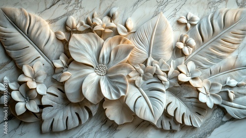 Intricate Marble Carving Of Tropical Flowers And Leaves